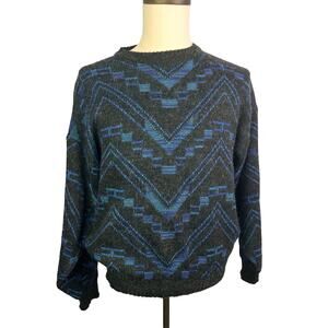 Vintage Michael Gerald Sweater Size Medium Black Blue Geometric Grandpa 90s